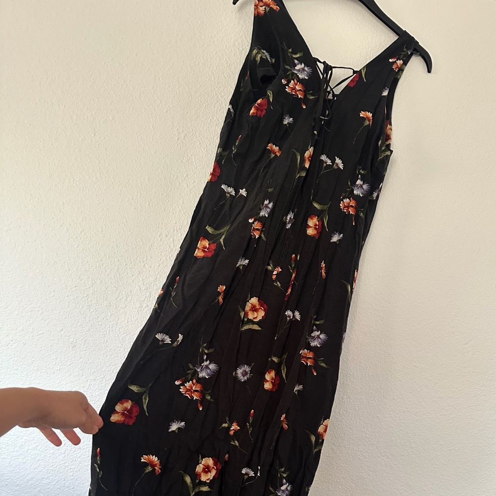 Vintage Cristin Stevens Black Floral Sleeveless Flowy Summer Maxi Dress Tie Up